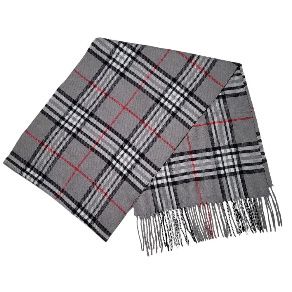 Womens Scarf Cashmere Blend Fringe Italy Design Gray Black Red Plaid - Picture 6 of 6